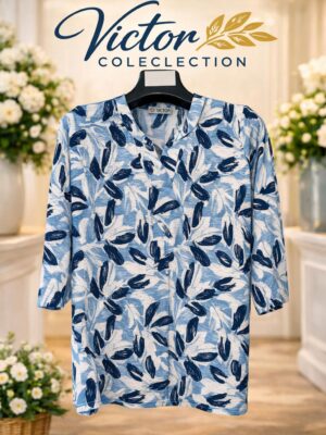 victor collection blue leaf print women’s top