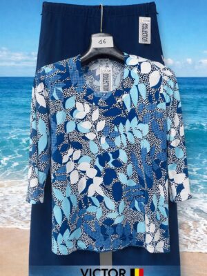 victor blue printed top with navy comfort trousers