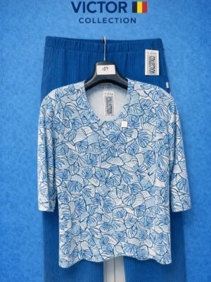 victor floral print top with blue comfort trousers